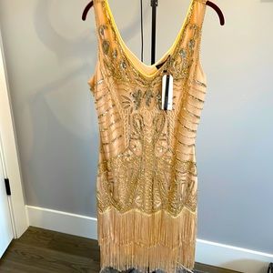 Nude Women's Flapper Dresses V Neck 1920s Sequence Fringed Great Gatsby